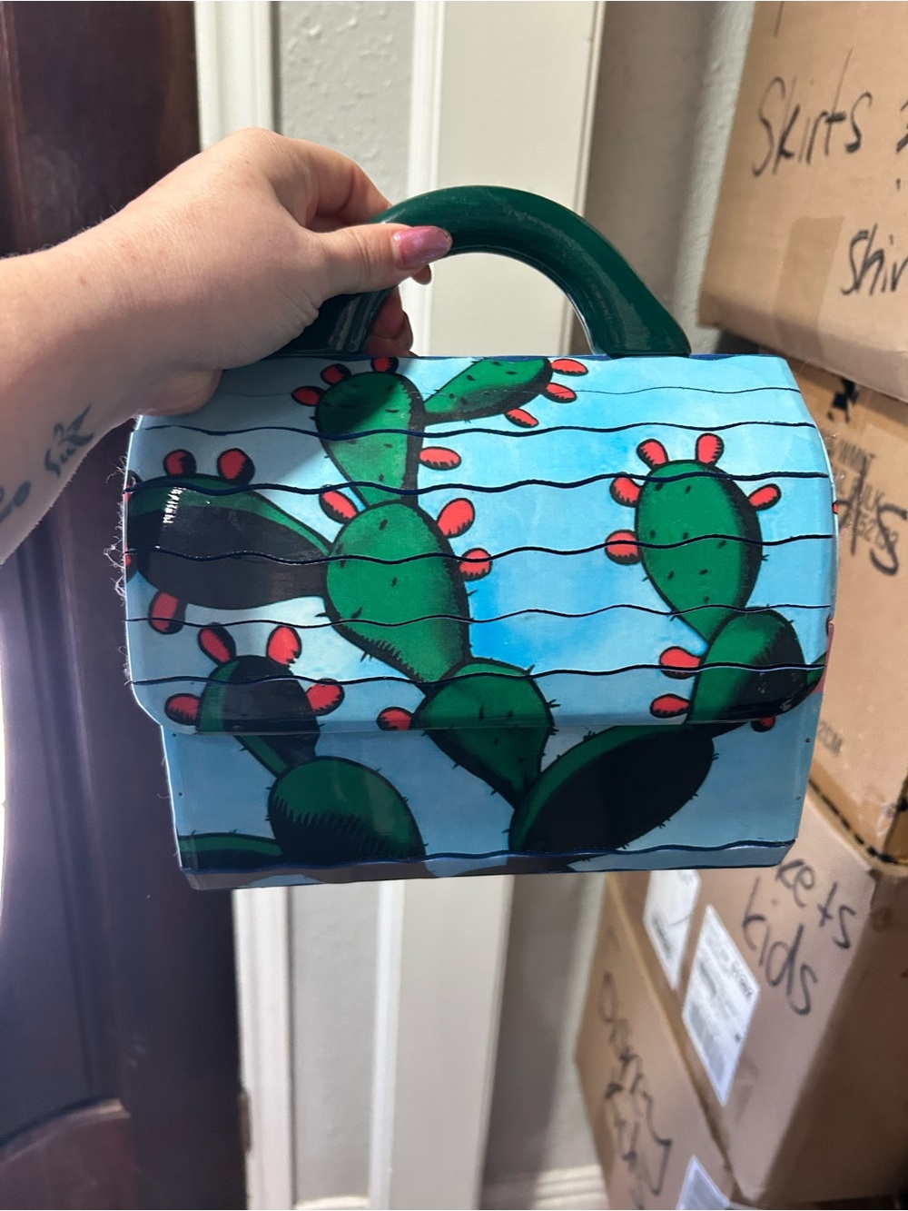 Hand-Painted Cactus Print Blue Top-Handle Women's Bag